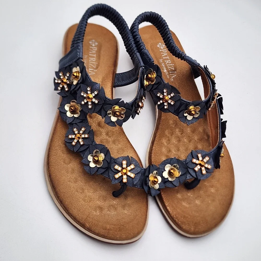 Patrizia by Spring Step Women's 7.5/8 Rhinestone‎ Blue Floral Shoes Flats Sandal
